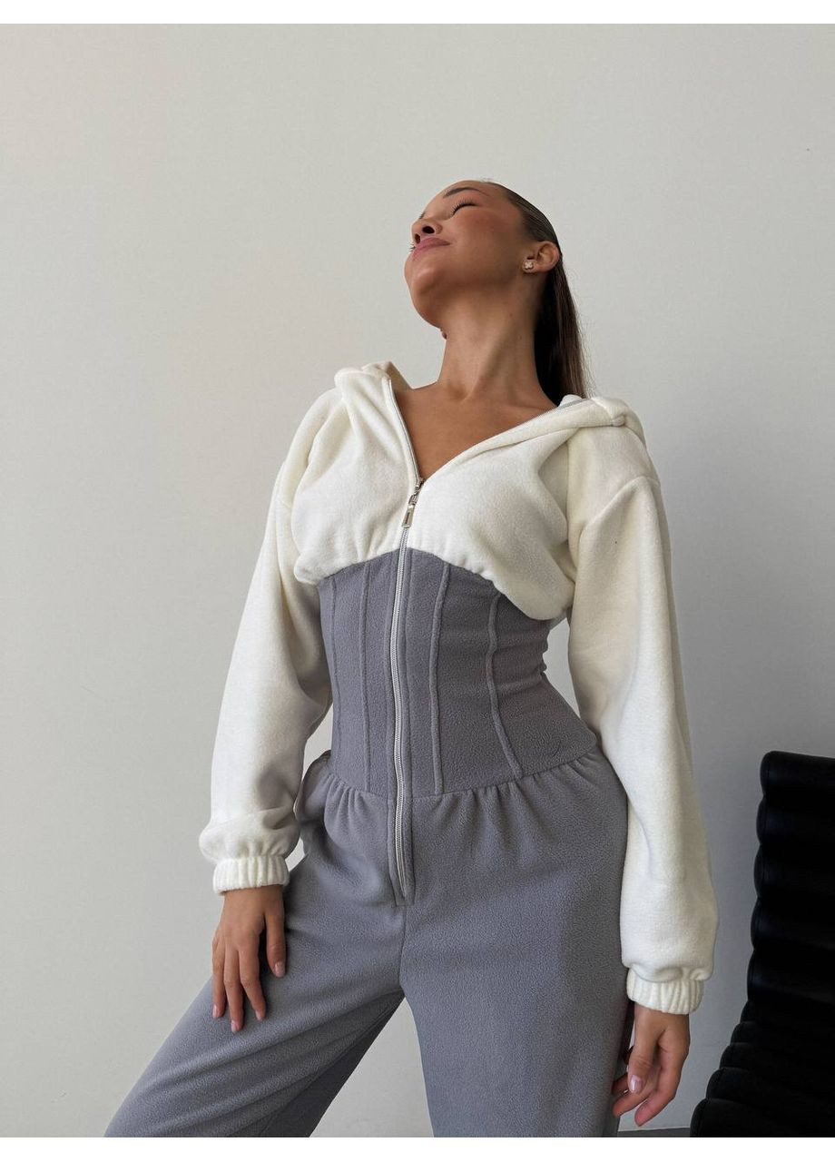 Женский комбинезон FINO Mode комбинезон-брюки однотонный серый спортивный, повседневный, вечерний, домашний, кэжуал флис