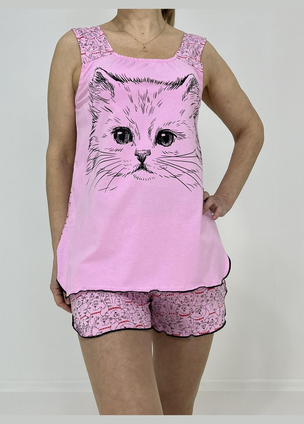 Розовая всесезон комплект женский кот (майка + шорты) 60-62 розовый 66620606-5 Triko