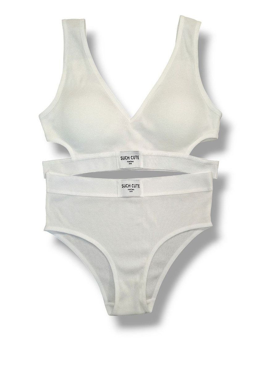 Белый демисезонный женский базовый комплект нижнего белья из рубчика со съемными чашками – топик и трусики, универсальный размер No Brand