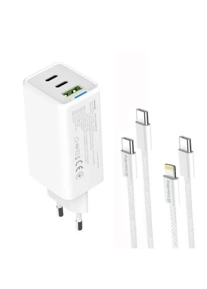 Мережевий зарядний пристрій,, 65 Вт, GaN, 2xType-C (65 Вт / 20 Вт, PD3.0) / 1xUSB (18 Вт, QC4.0), Auto ID, кабель Type-C - Colorway (395339548)