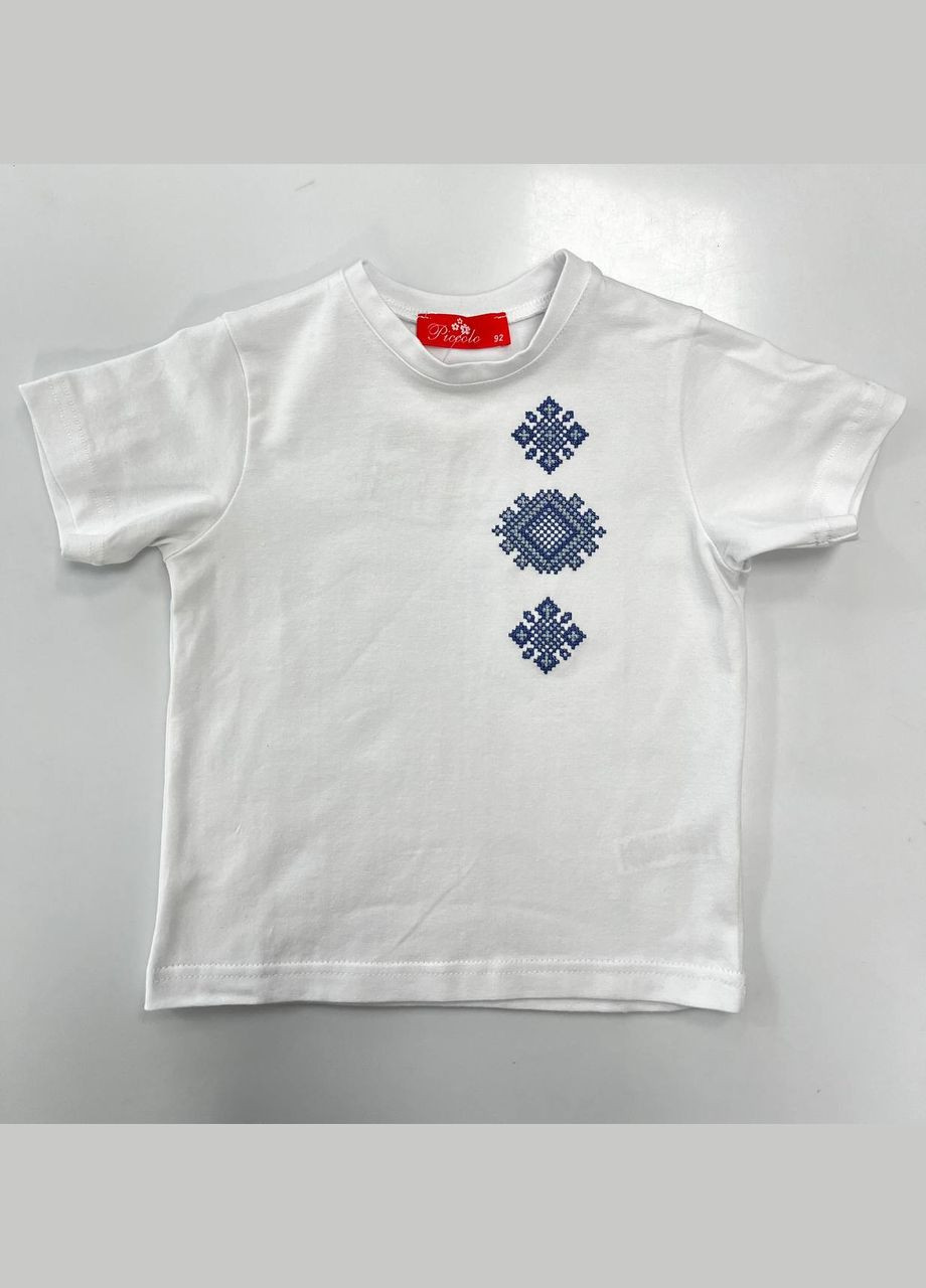 Біла вишиванка футболка біла з блакитним орнаментом тадей Piccolo візерунок геометричний бавовна (335424958)
