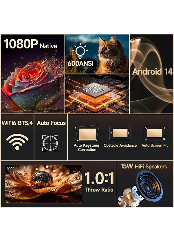 Мультимедійний смарт проектор з автофокусом HY350 MAX 1080P 2/16 Гб 600 ANSI Android 14 No Brand (377351723)