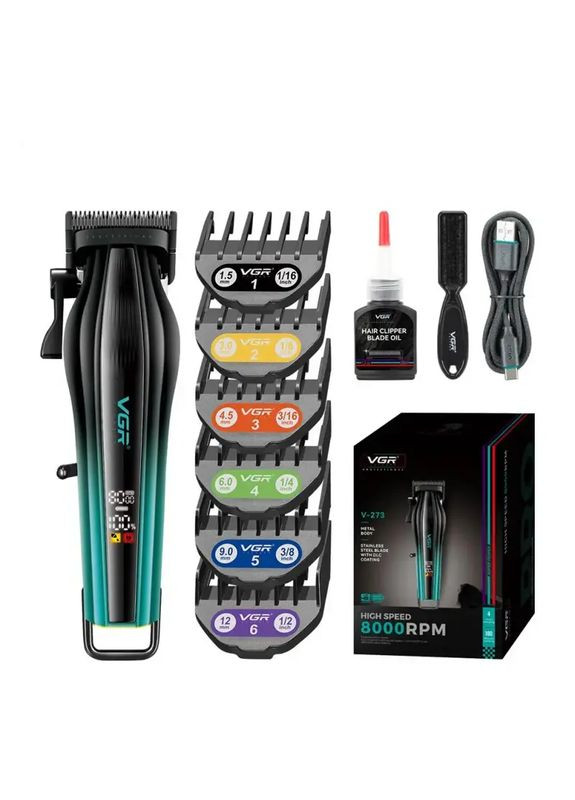 Аккумуляторная машинка для стрижки V-273 c 6 насадками и LED дисплей чорный з зеленым 10 Вт VGR (361309649)