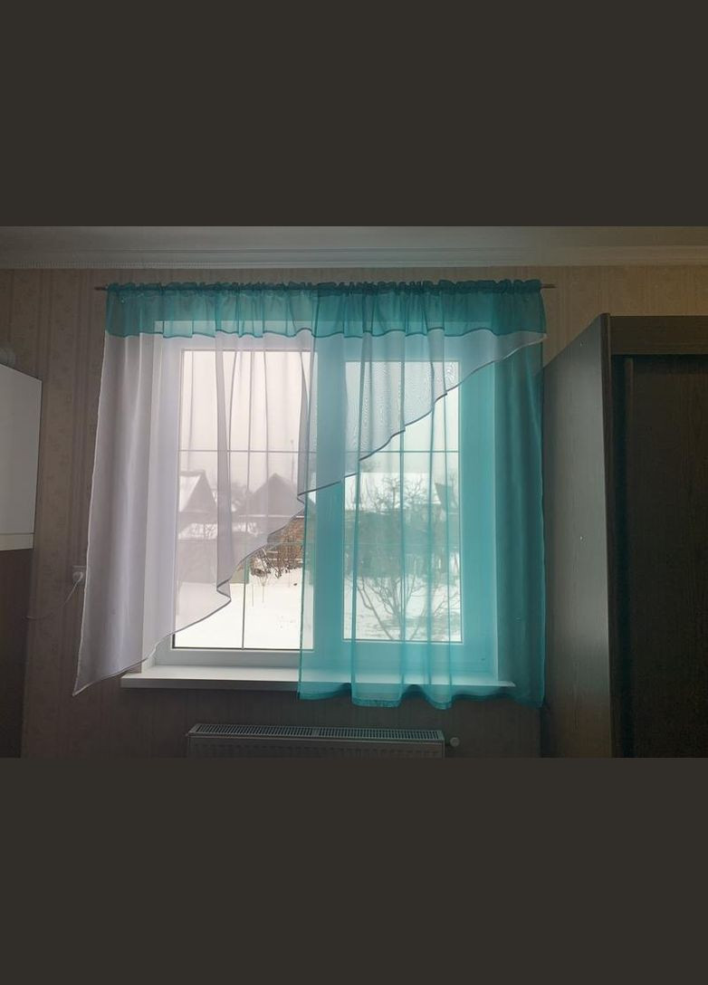 Тюль готовая, сшитая гардина с подхватом Морская волна, цвет белый, бирюзовый 290*175 см Hanna (316680156)