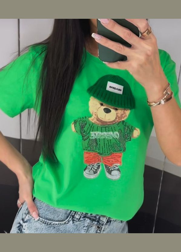 Женская молодежная зеленая футболка с принтом, хлопок. No Brand - (315033412)