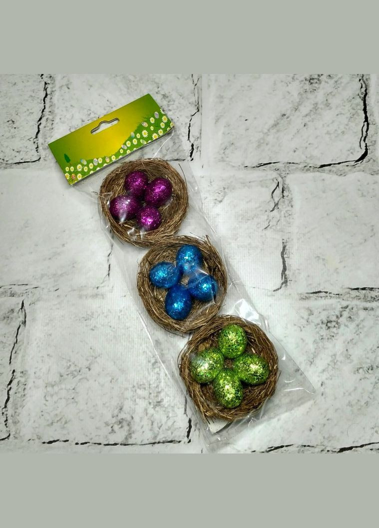 Пасхальный декор Гнездо с яйцами декоративные 3 шт 6х6 см Разноцветные No Brand (326051622)