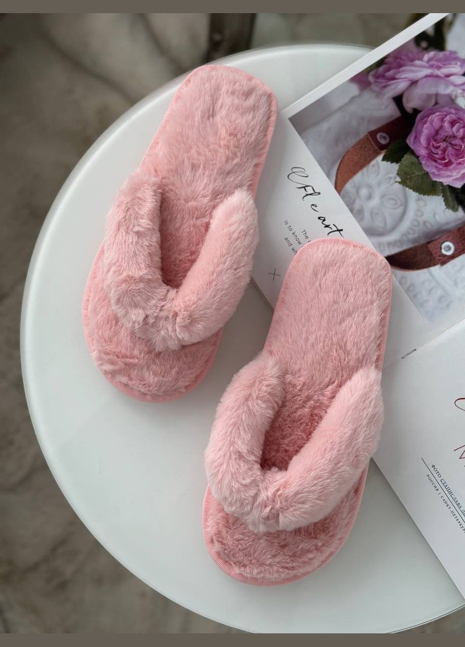 Жіночі хутряні домашні капці в'єтнамки з вікритим носком рожеві тапки No Brand (321171606)