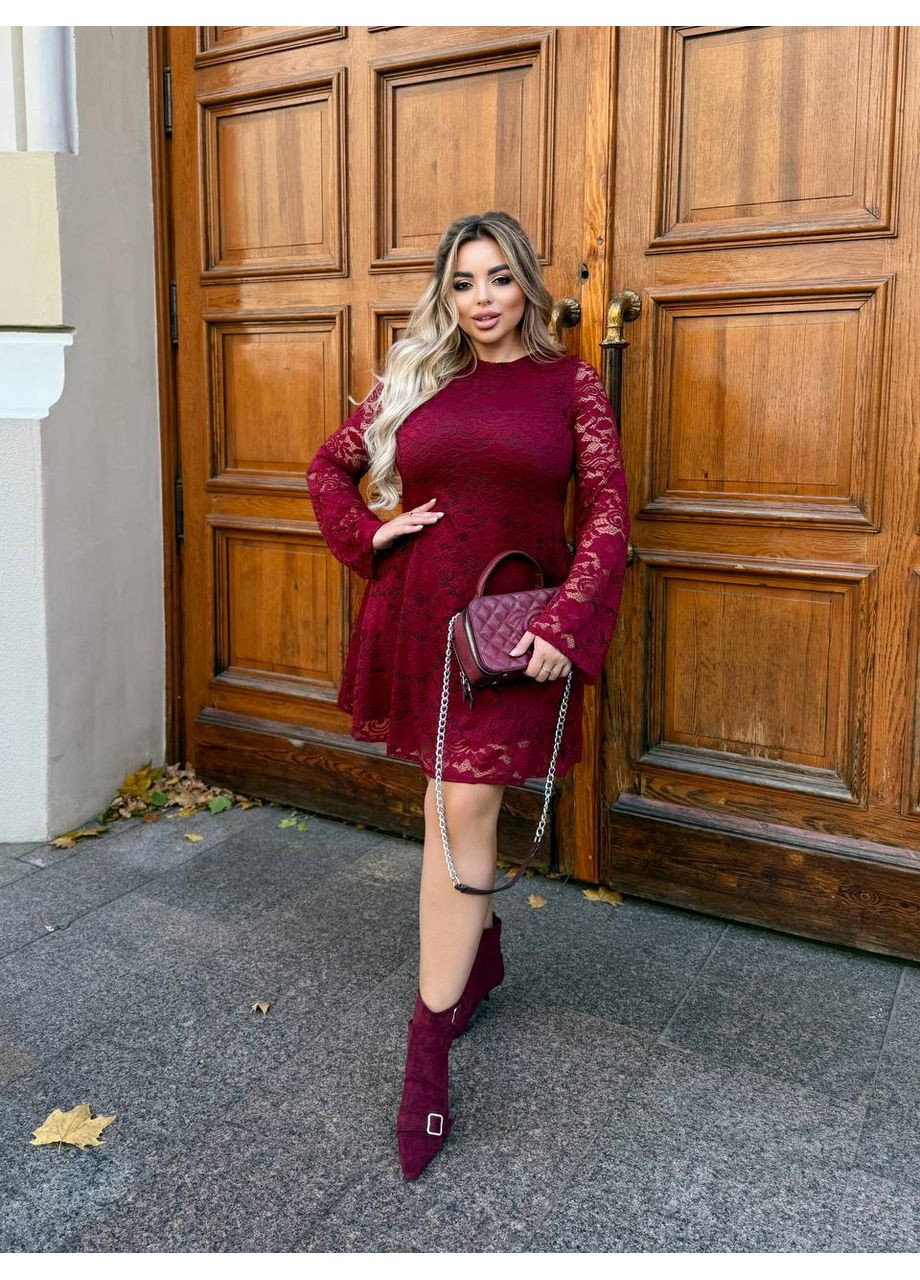 Бордовое праздничный, повседневный, вечернее, деловое, кэжуал женское платье гипюровое больших размеров а-силуэт Style Point однотонное