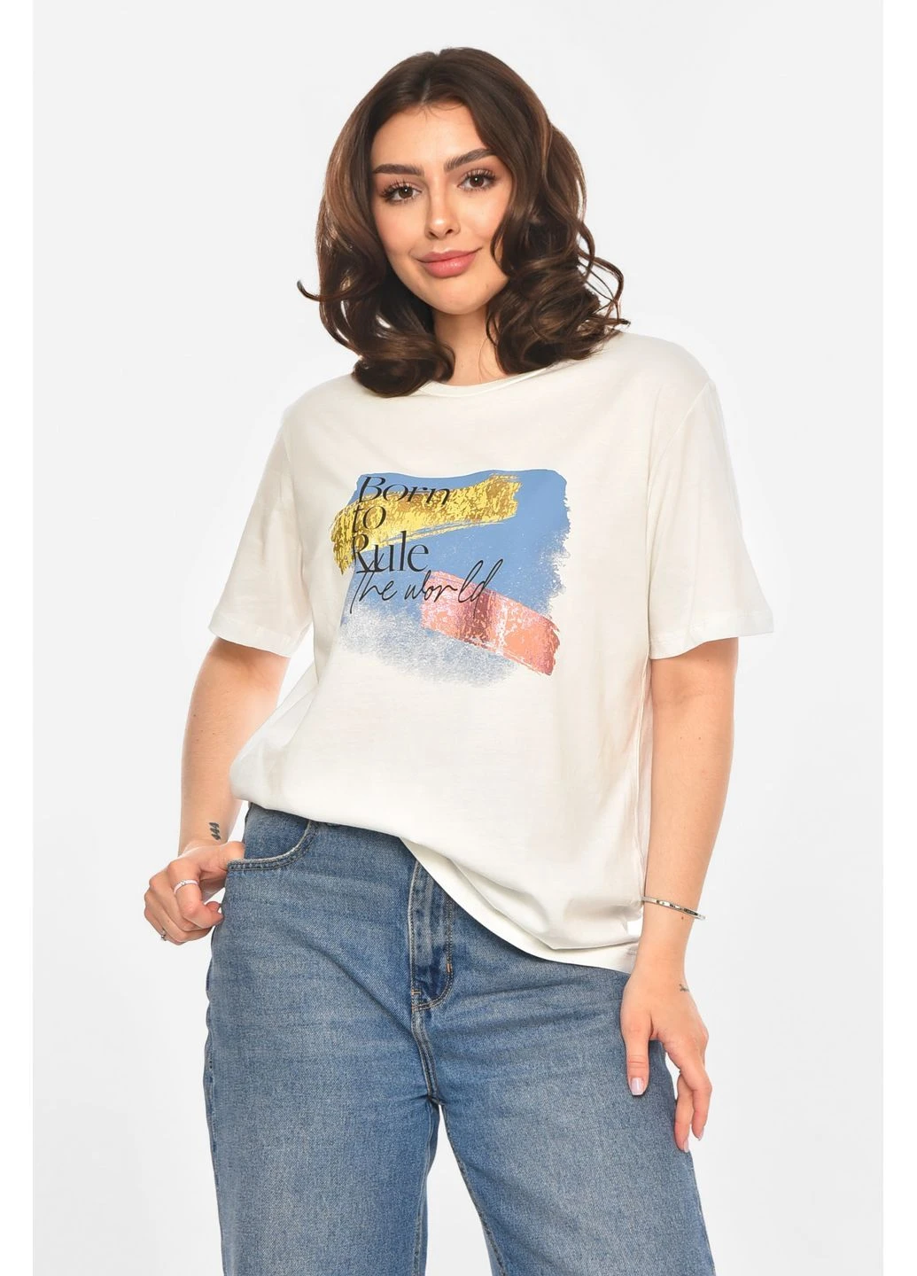 Футболка жіноча білого кольору з принтом Let's Shop - (400529176)