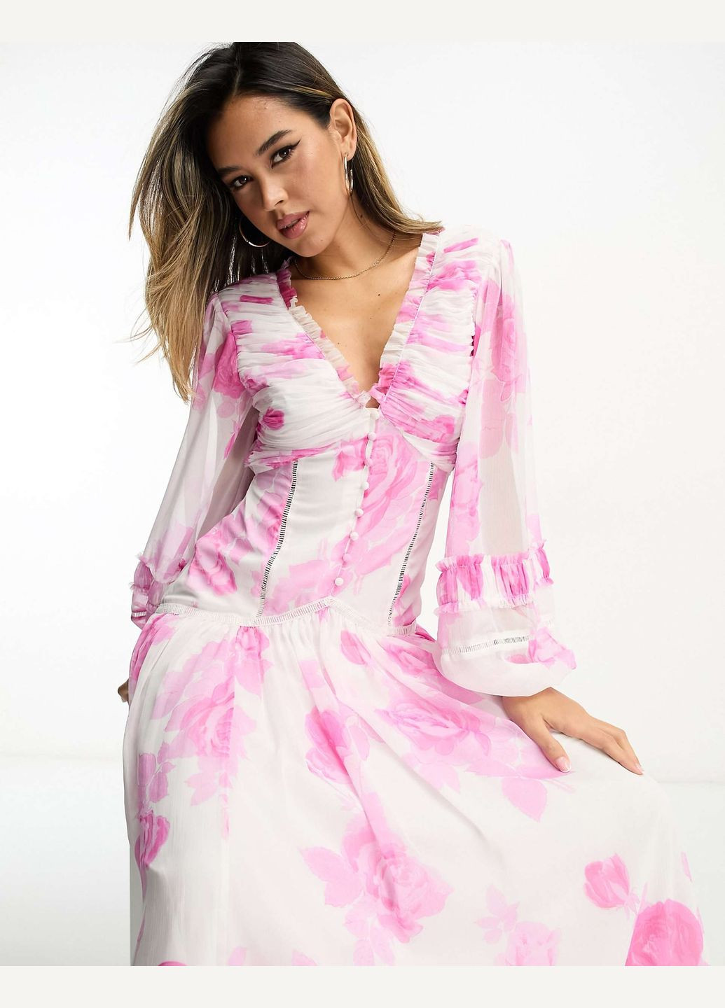 Білий сукня міді мідаксі у акварельний квітковий принт Asos