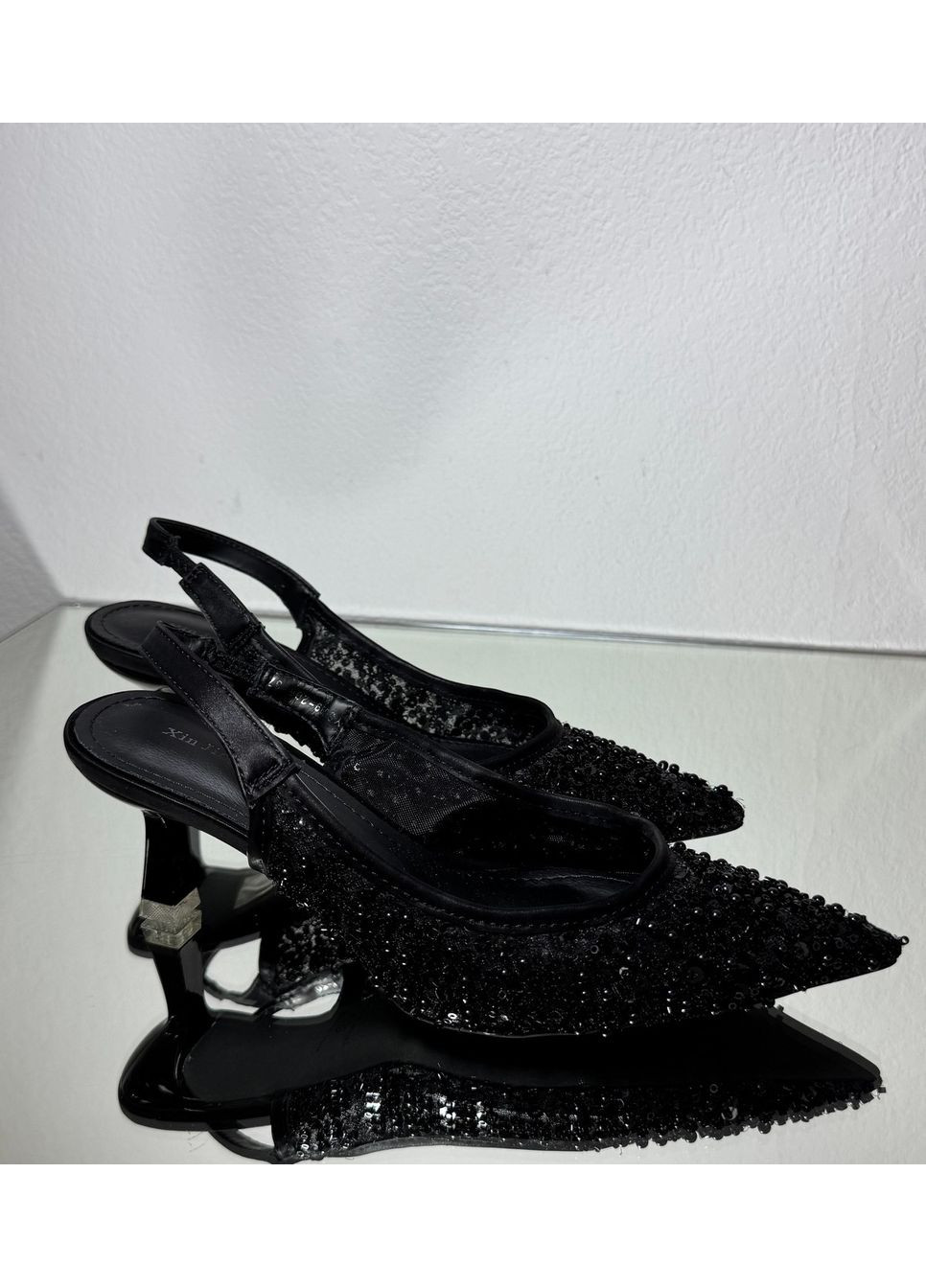 No Brand Женские туфли слингбек с бисером 6,5 см, цвет Черный слингбеки черный з текстиль, — лето (351394461)