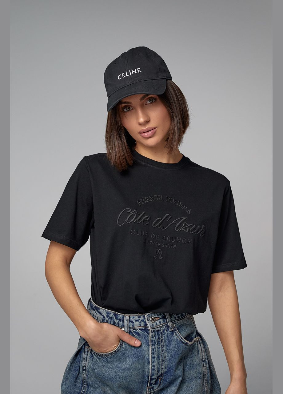 Чорна літня жіноча футболка з вишитим написом - чорний Lurex