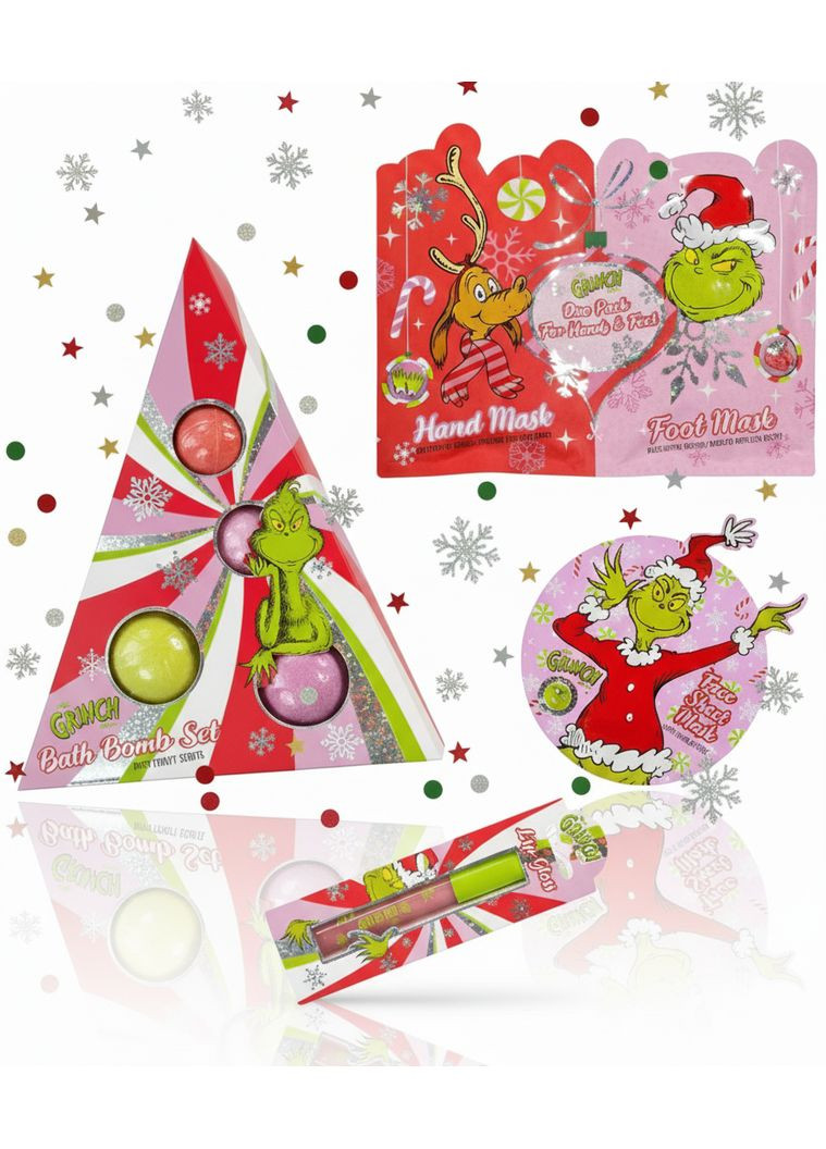 Подарунковий набір "Грінч" (GRINCH) 5-в-1: 4 бомбочки для ванни, маски для рук, ніг та обличчя, блиск для губ Dr. Seuss (362711636)