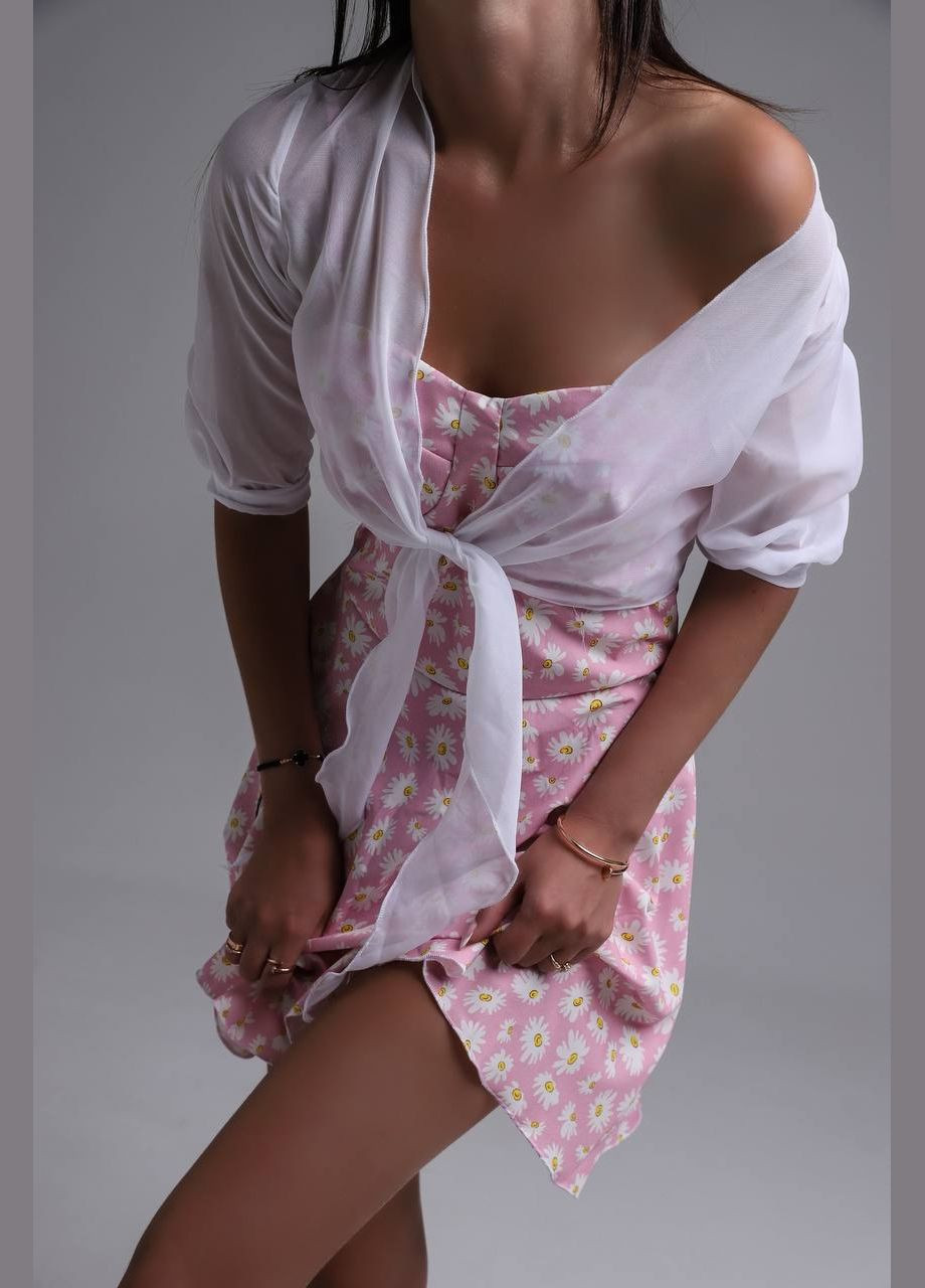 Розовый летний приятный к телу повседневный костюм 2-ка (сарафан в цветочном принте+блузка), идеальный летний комфортный комплект No Brand 029-2