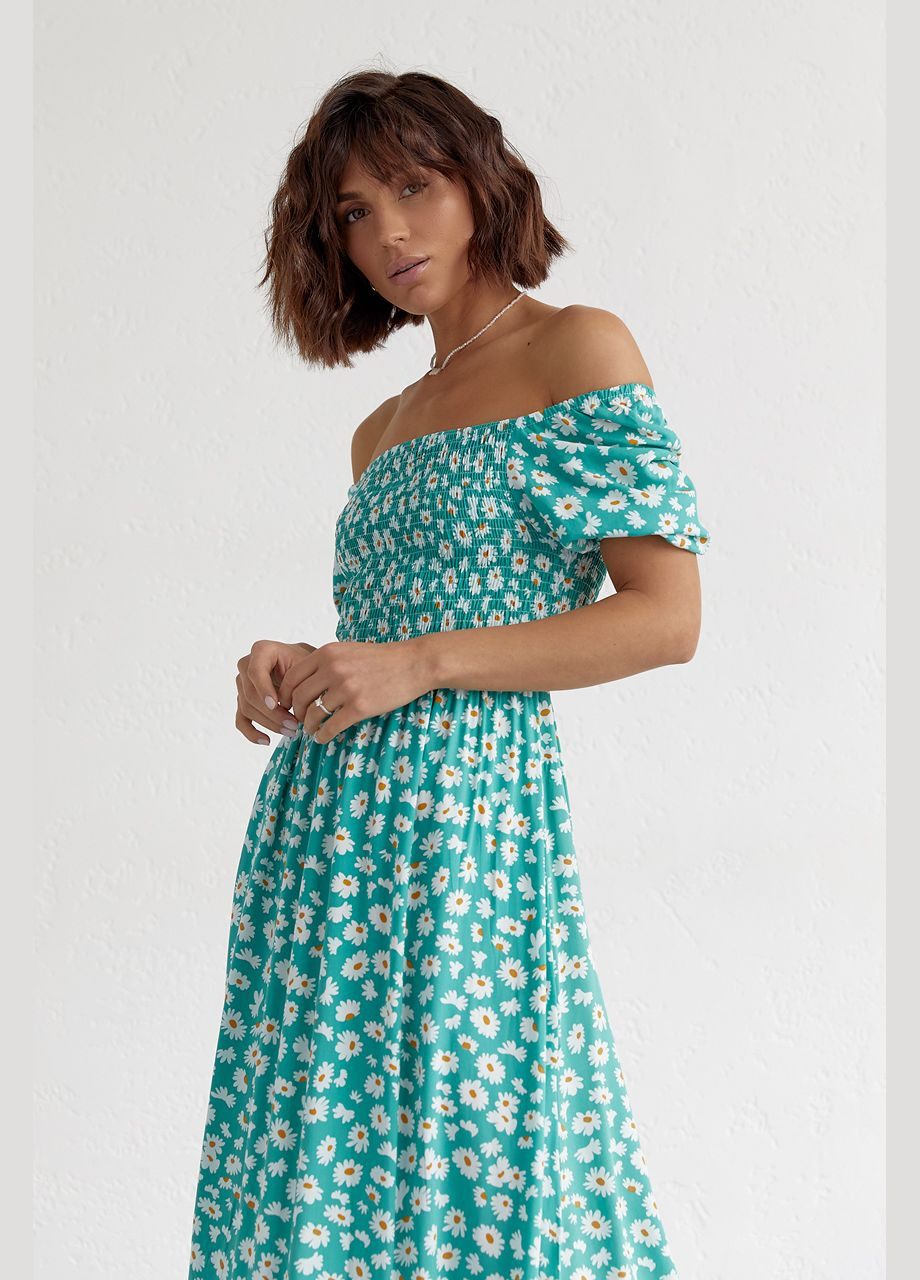 Смарагдова повсякденний, вечірня жіноча довга сукня з еластичною талією та шлярою з відкритою спиною Liton з квітковим принтом