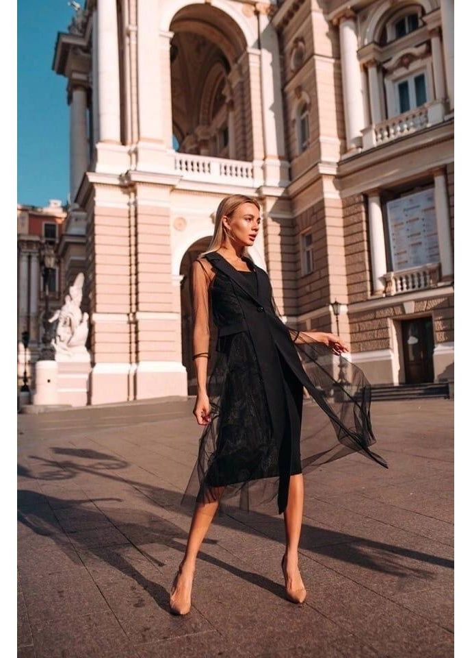 Чорна святковий, вечірня, кежуал жіночий костюм сукня+кардиган силуетна Style Point однотонна