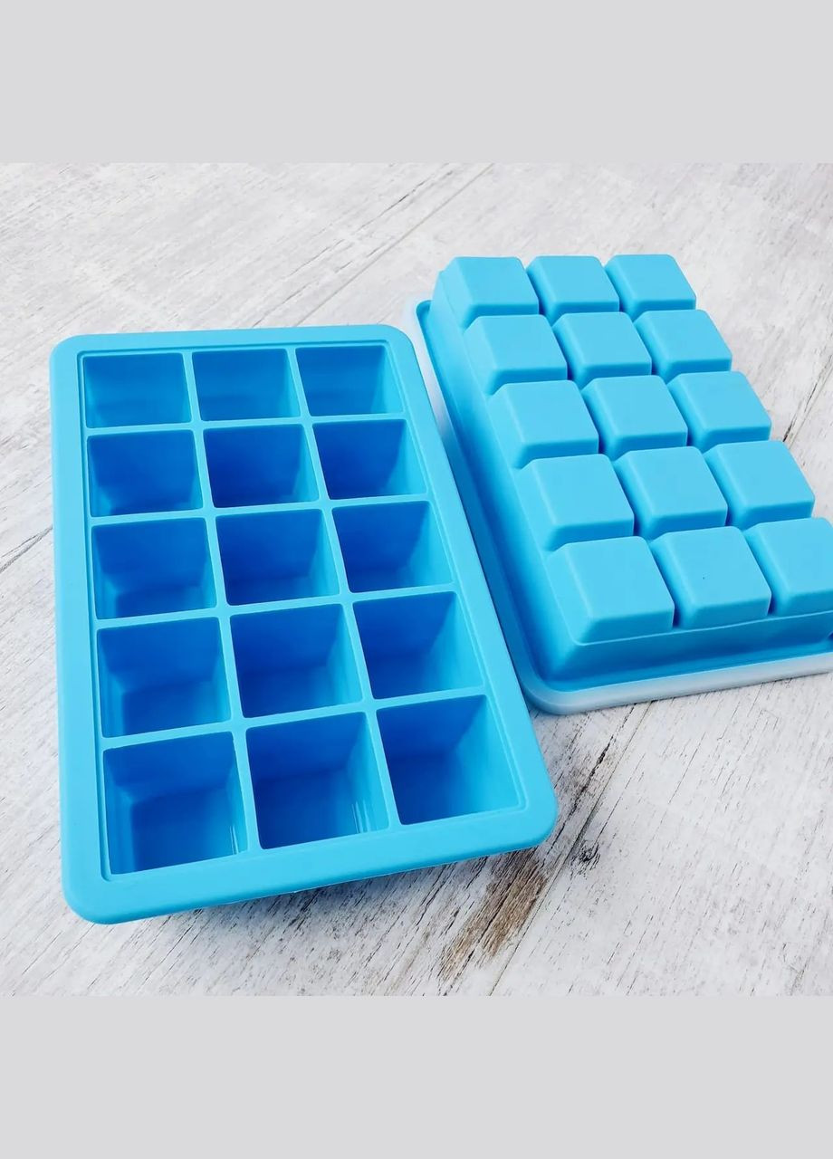 Силіконова форма для льоду середній куб 3.2 х 3.2 см Olin & Olin 15 кубиків блакитна з кришкою Luxyart (318416239)