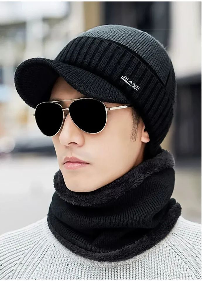 Набір чоловіча шапка з козирком і шарф снуд зимові чорний з сірим (748) No Brand (363869599)