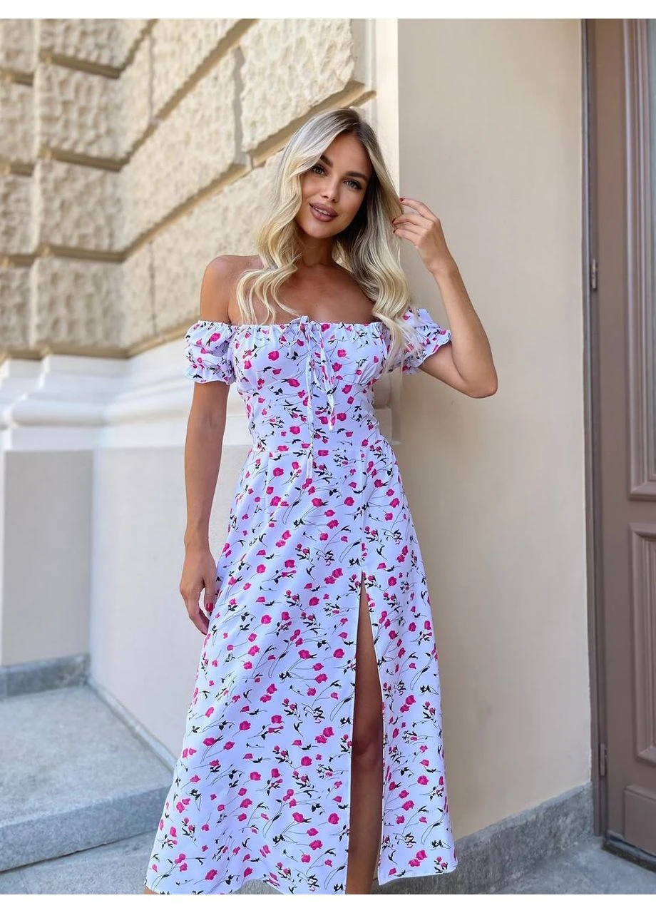 Белое платье миди летнее с разрезом Fashion