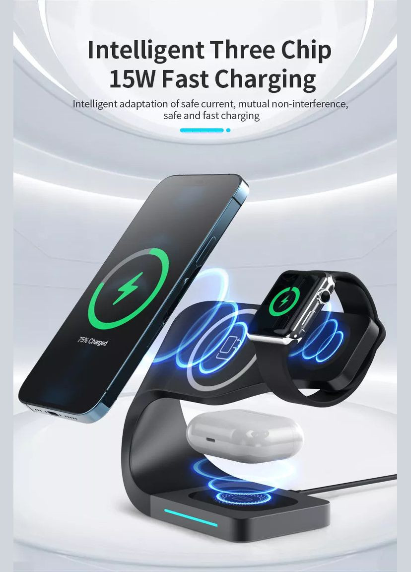 Бездротова зарядка Qi 4 в 1 LFX-178 Wireless 15W I Док-станція для iPhone + iWatch + Airpods Black VHG (334305017)