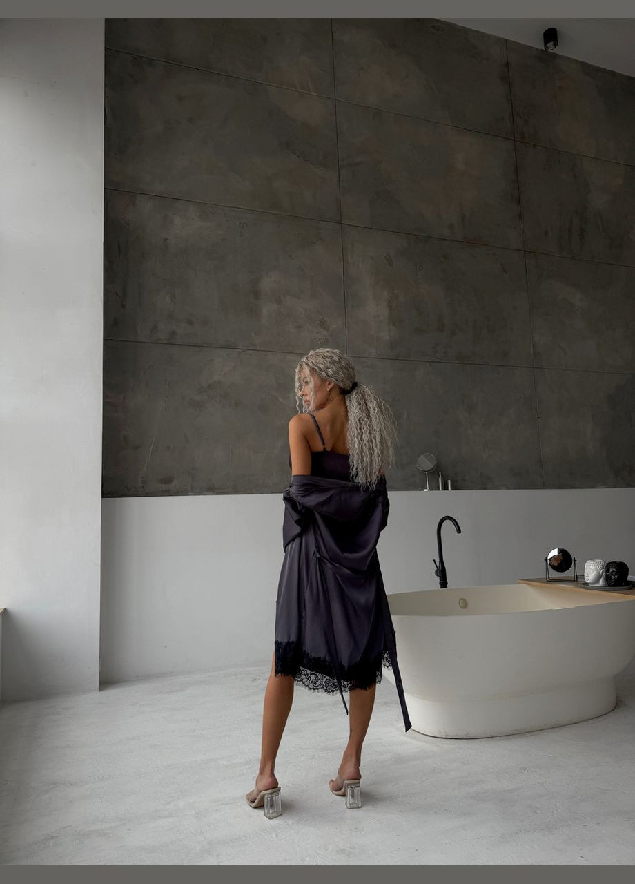 Халат жіночий шовковий з мереживом Графіт Maybel (322444356)