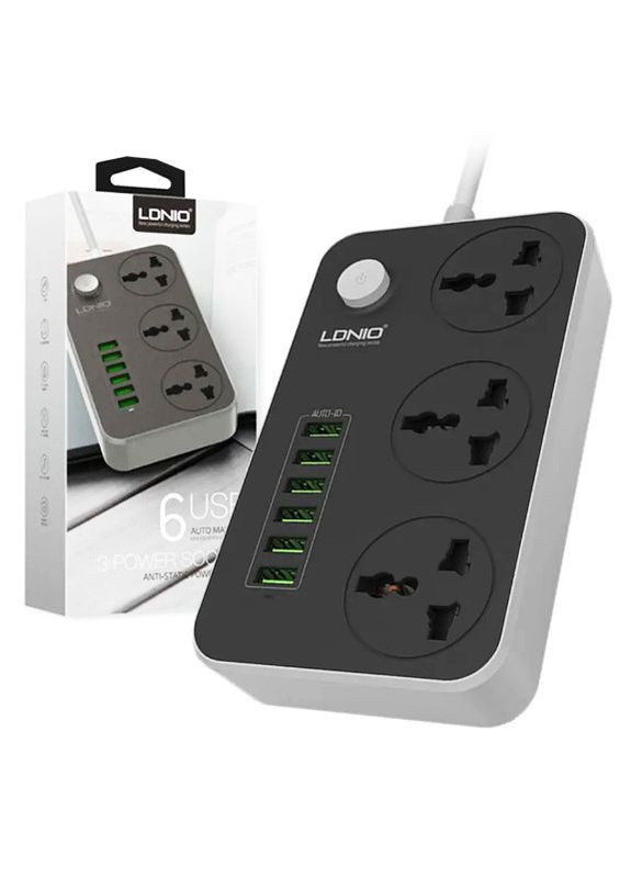 Сетевой фильтр SC3604 удлинитель 2 м 3 розетки 6 USB с защитой Серо - черный Ldnio (297331532)