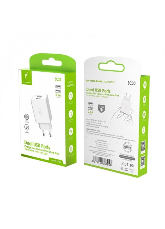 Зарядний пристрій SC30 (2USB, 2.1A) White (SDMZP-000111) SkyDolphin (336959273)