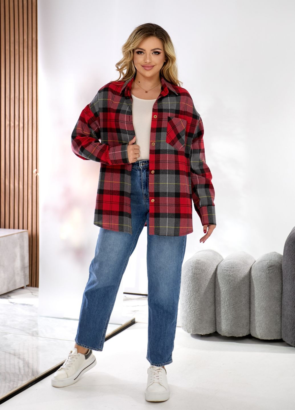 Красная повседневный, классическая, кэжуал рубашка в клетку No Brand с длинным рукавом