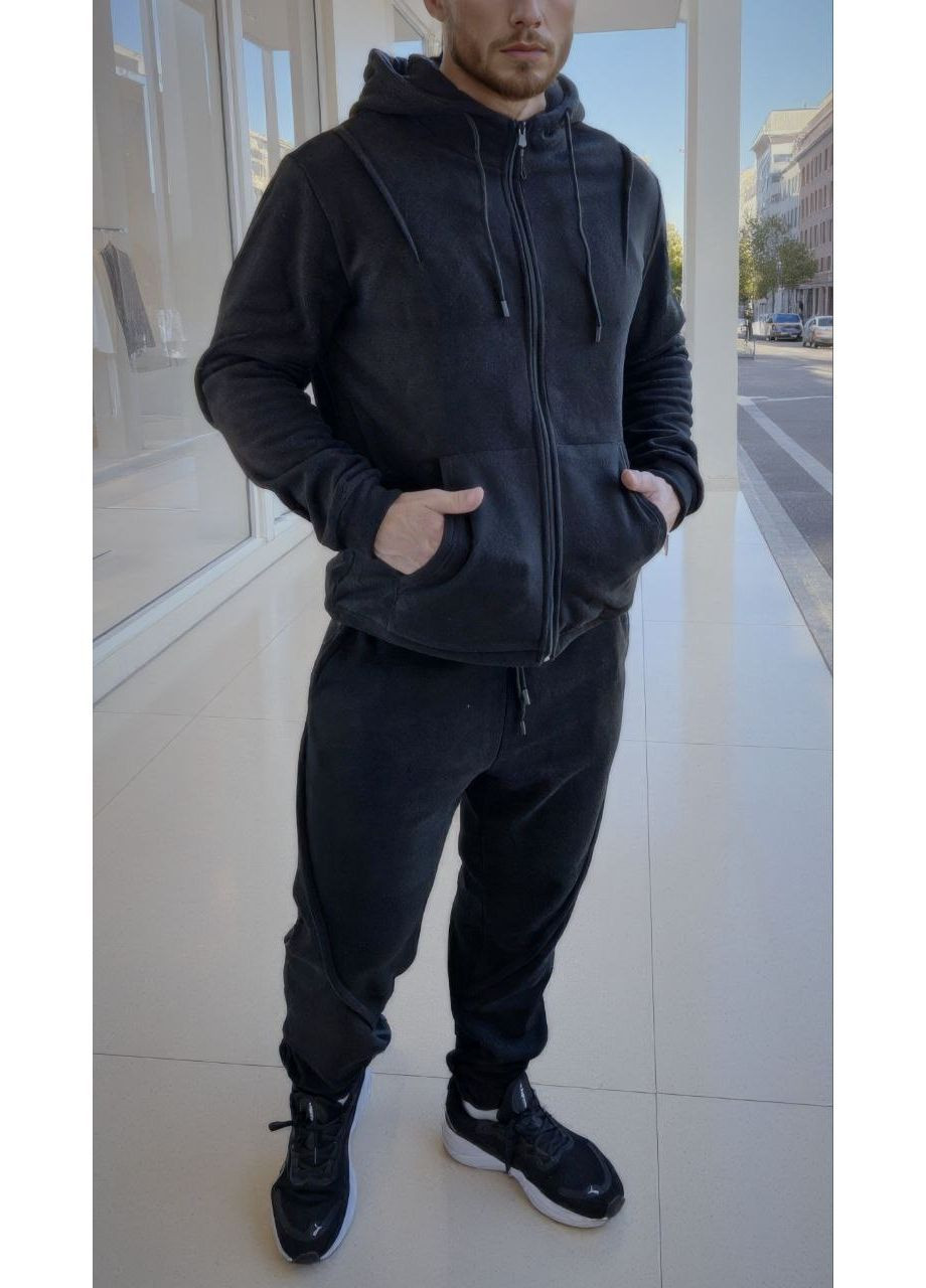 Чорний костюм чоловічий теплий фліс плотний штани і зіп худі з капюшоном No Brand