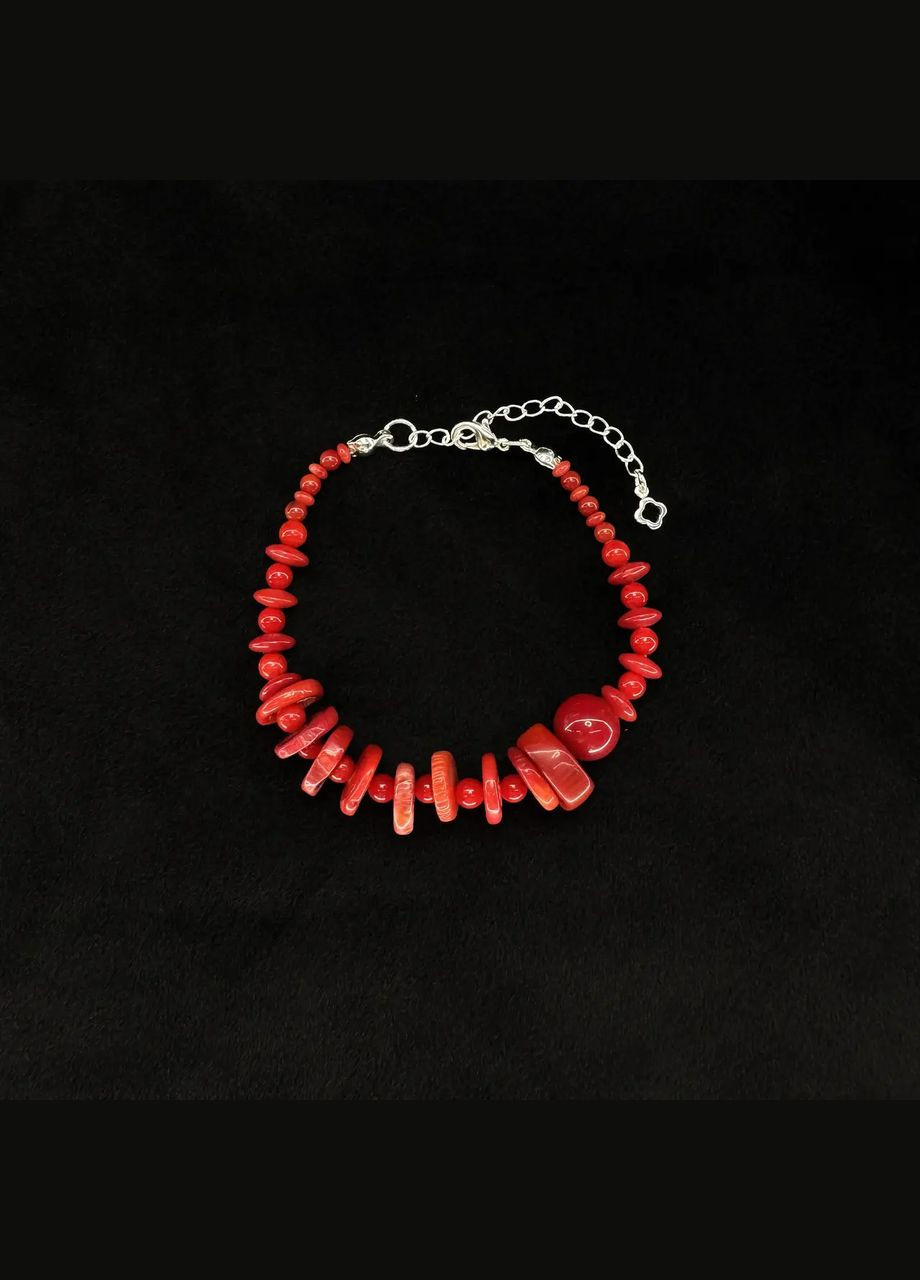 Браслет натуральний камінь Корал різних форм, фур-ра гіп-ний сплав колір срібло d-12-3мм+- L-17,5-22,5см No Brand браслет (303630124)