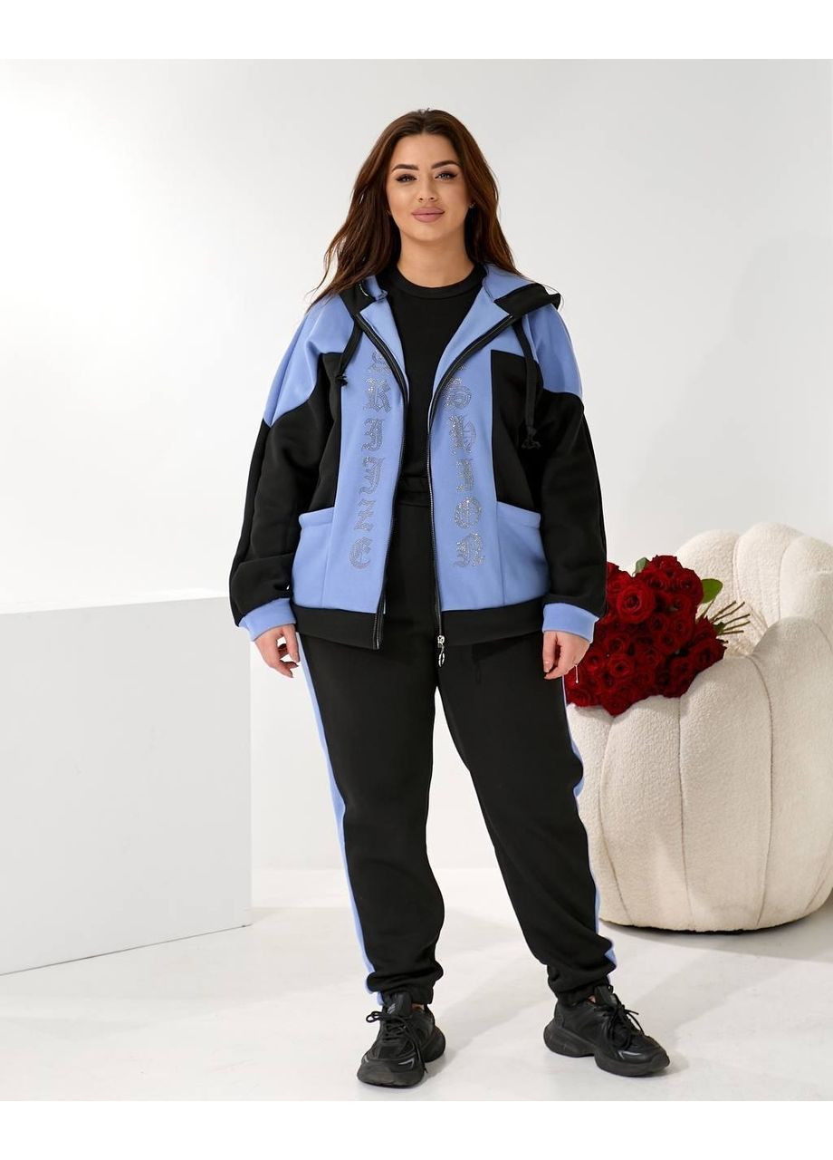 Жіночий батал спортивний костюм теплий на флісі чорний-блакитний блискучі стрази великий розмір Bonita Спортивний костюм (368540570)