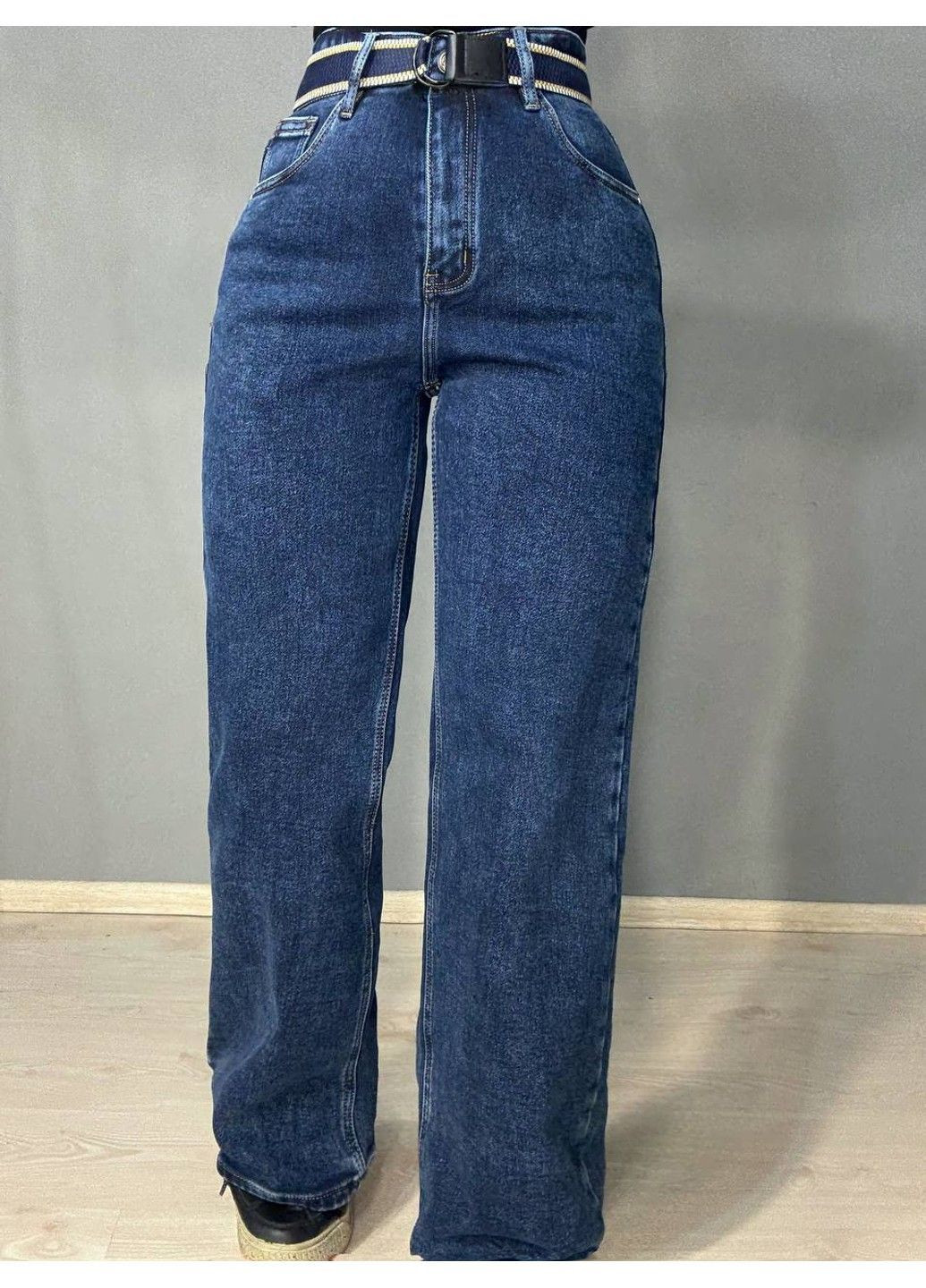 Джинси жіночі 8226 утеплені палаццо на флісі з ременем сині Derun - (365574403)