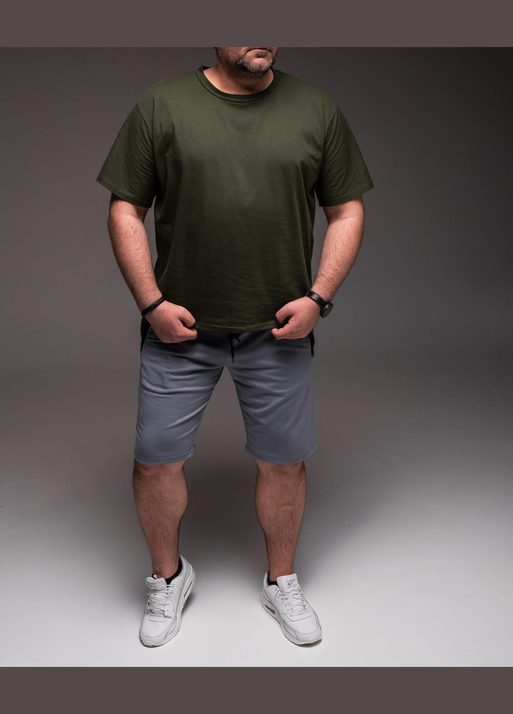 Оливковий (хакі) літній костюм чоловічий футболка + шорти батал з шортами No Brand