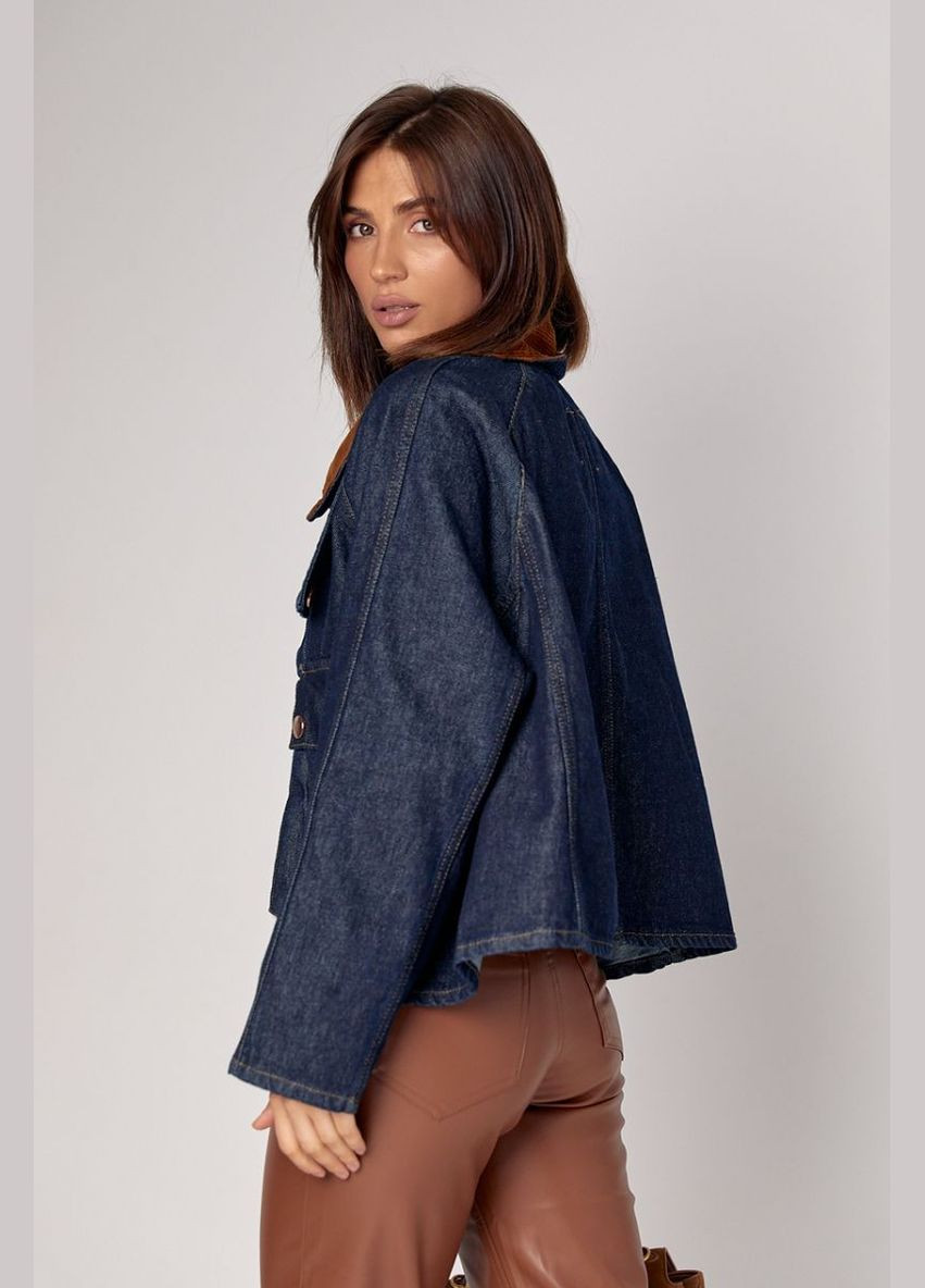 Темно-синяя демисезонная джинсовая куртка с вельветовым воротником и накладными карманами 240180 Lurex