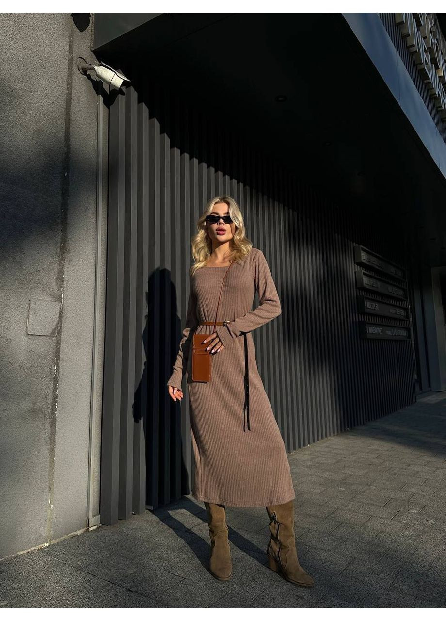 Кавова ангорова сукня міді з поясом Fashion