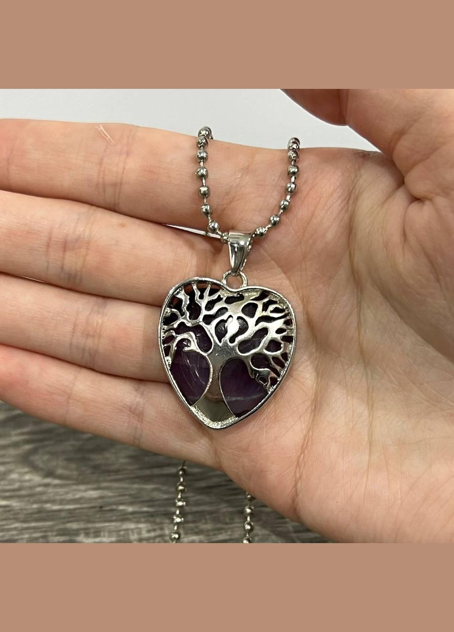 Кулон с натуральным камнем Аметист в оправе "Древо жизни в сердце" на цепочке в подарочной коробочке Овен (331291875)