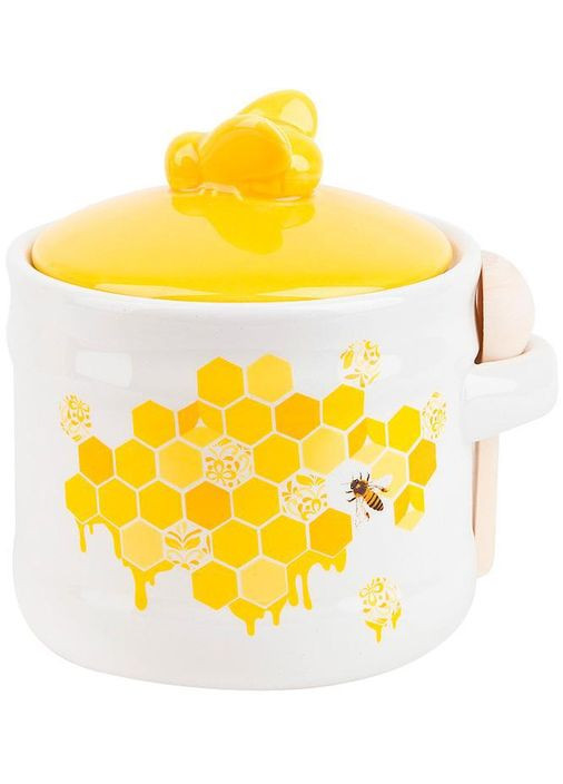 Керамическая банка-медовница с деревянной ложкой "Sweet Honey" 450мл, белая с желтым. Bona (330136907)