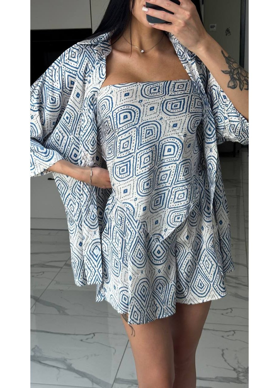 Жіночий легкий костюм трійка із принтом: сорочка + шорти+хустинка Україна (354693498)