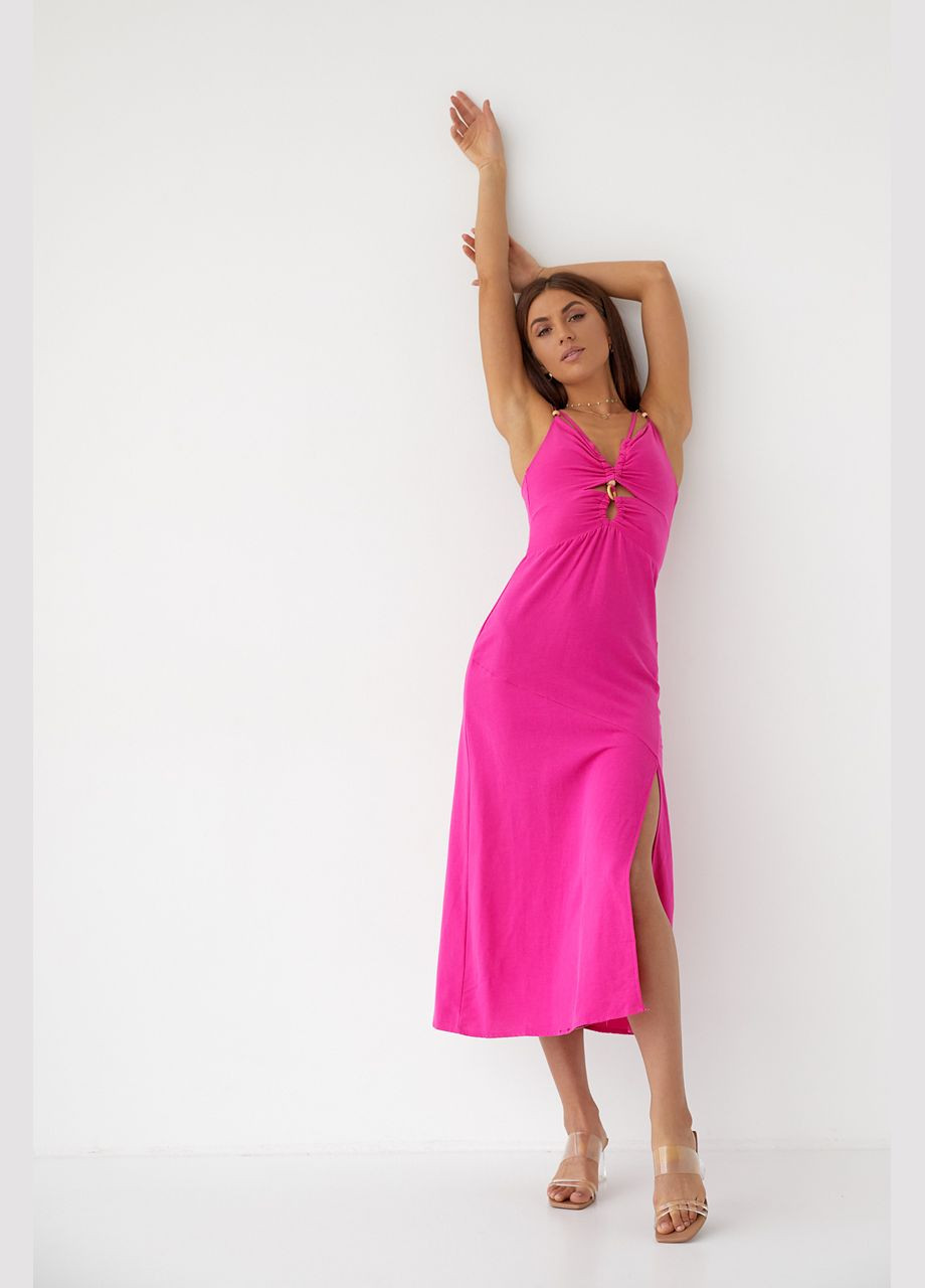 Фуксинова (кольору Фукія) повсякденний оригінальний сарафан міді прикрашений дерев'яними намистинами firesh бежевий колір l з відкритими плечима No Brand однотонна