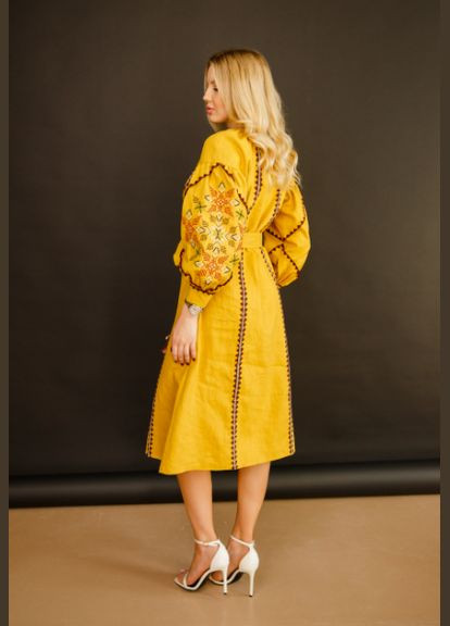 Гірчичний зимній жіноча вишита сукня папороть гірчична Galychanka 7103