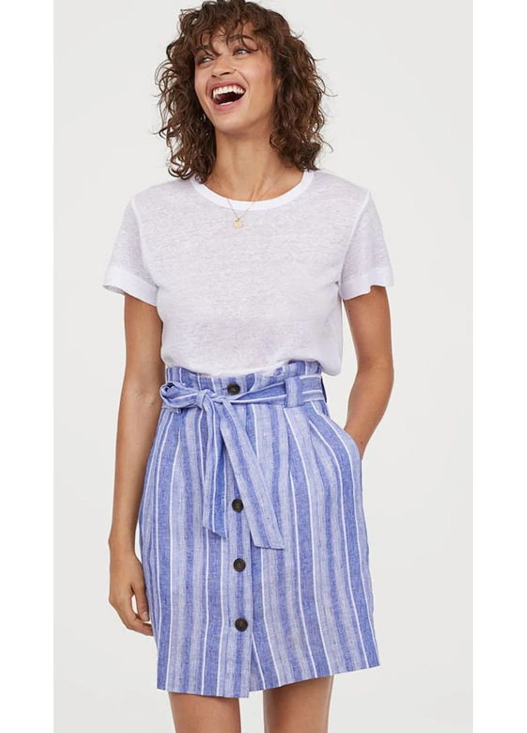 Голубая повседневная женская льняная юбка с поясом н&м (57146) s голубая H&M