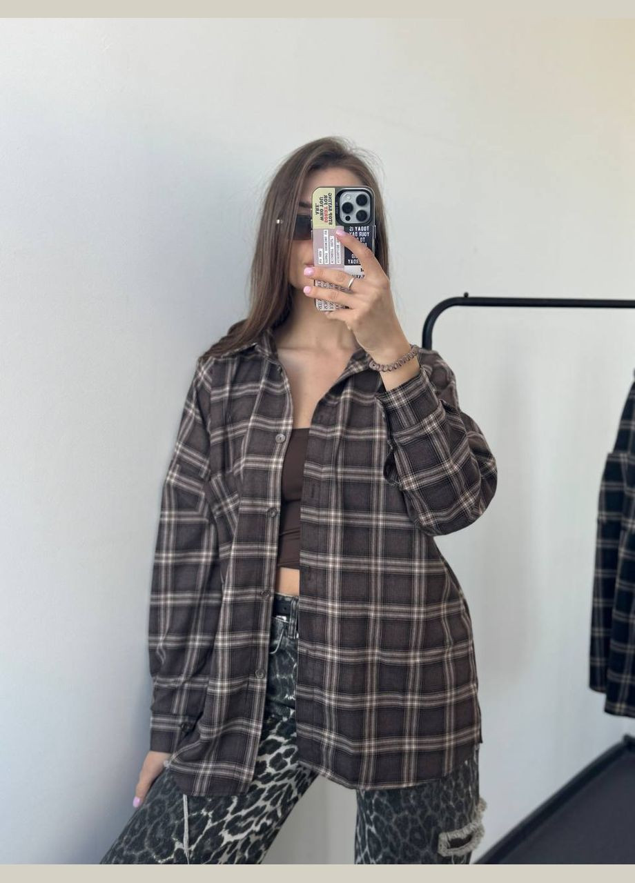 Темно-коричневая повседневный, кэжуал рубашка в клетку No Brand с длинным рукавом