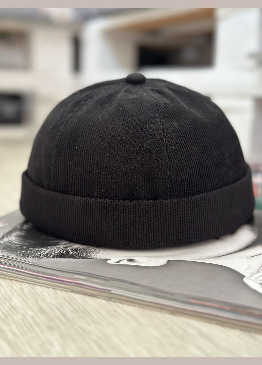 Короткая шапка мини бини вельветовая в рубчик, докер Черный 56-60р No Brand (299339531)