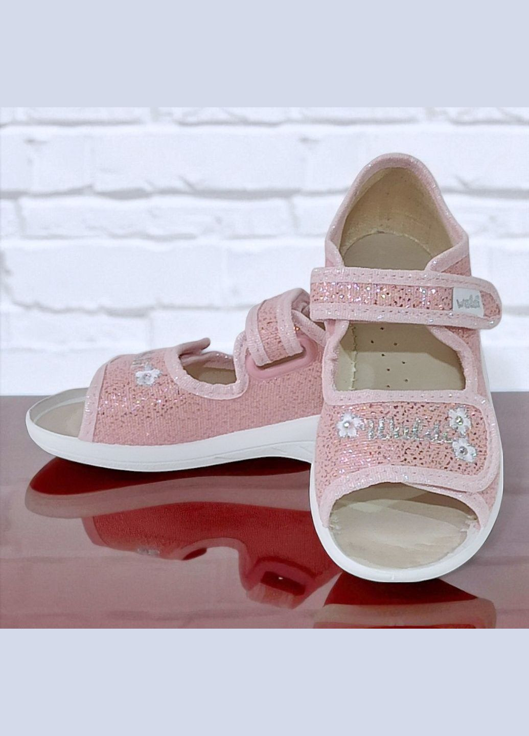 Розовые ортопедические открытые тапочки текстильные босоножки на липучках валди ева Waldi со стразами, с вышивкой, с цветами