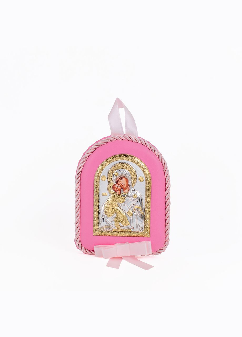 Серебряная детская иконка Владимирская Божья Матерь 7х9см на розовой подушечке для девочки Prince Silvero (266265859)