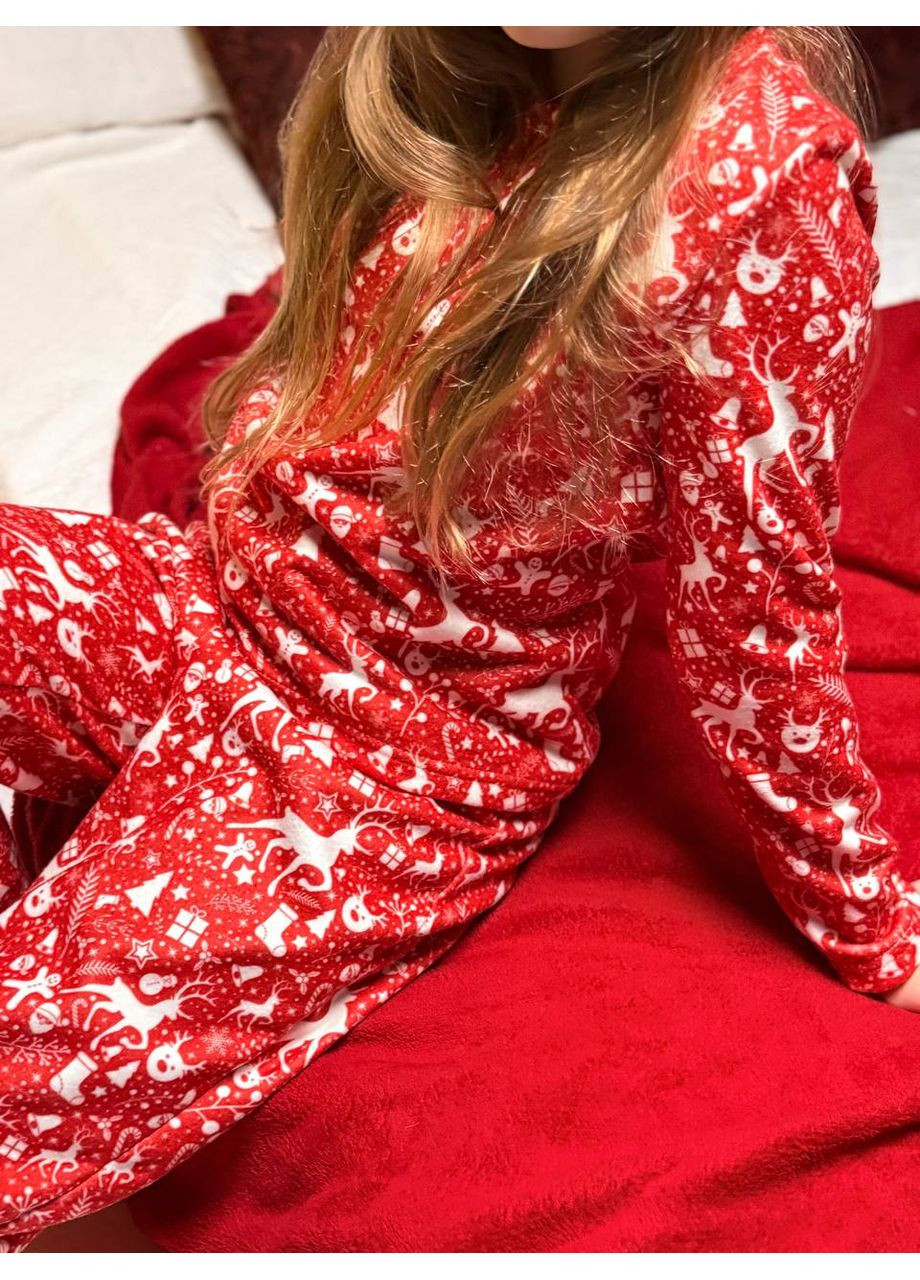 Красная всесезон праздничная детская пижама из мягкого турецкого флиса — замеры в описании кофта + брюки Vione