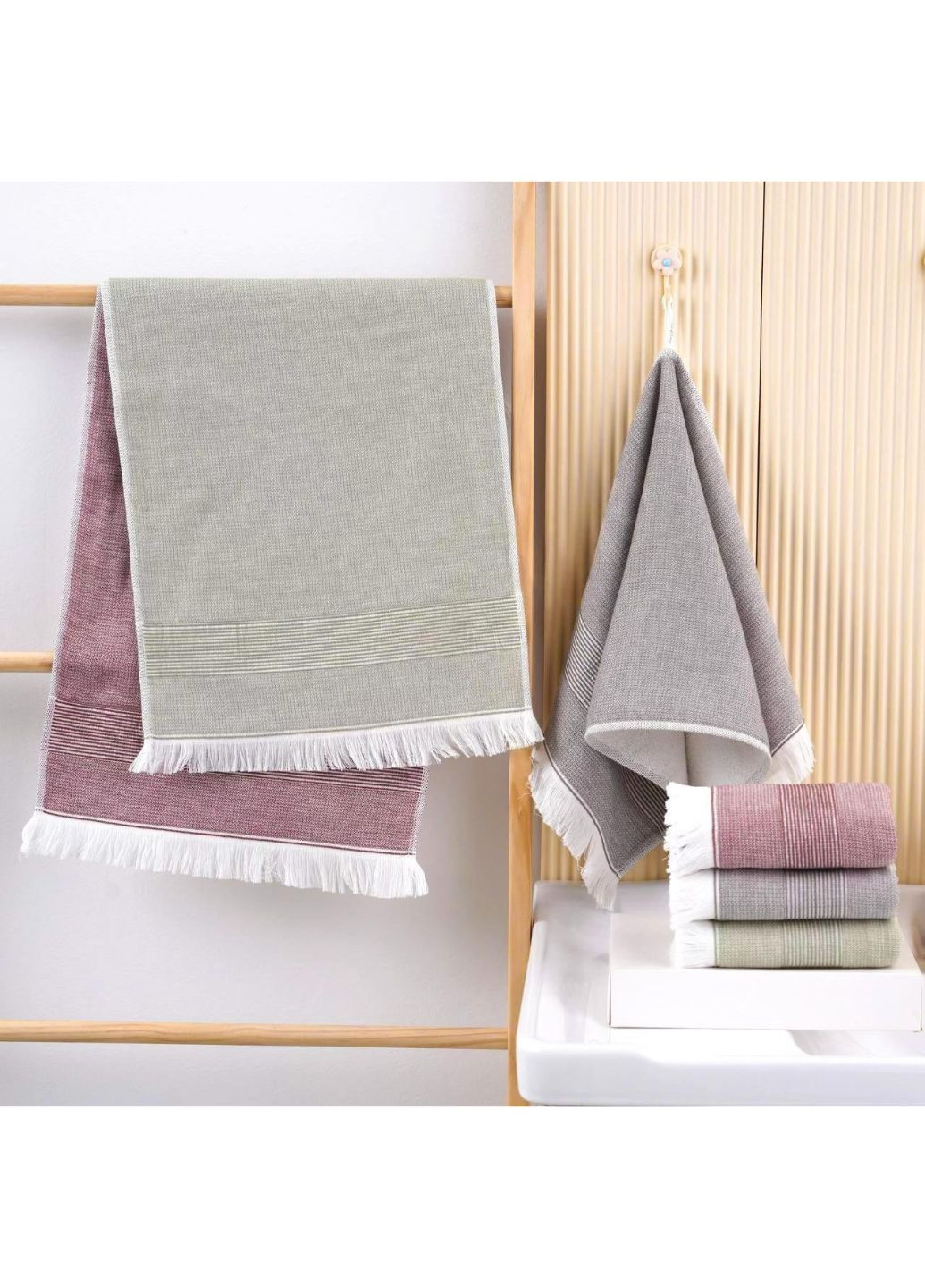 Кухонные полотенца, набор 3 шт (35×75 см), лен+махра Colorful Home персиковый