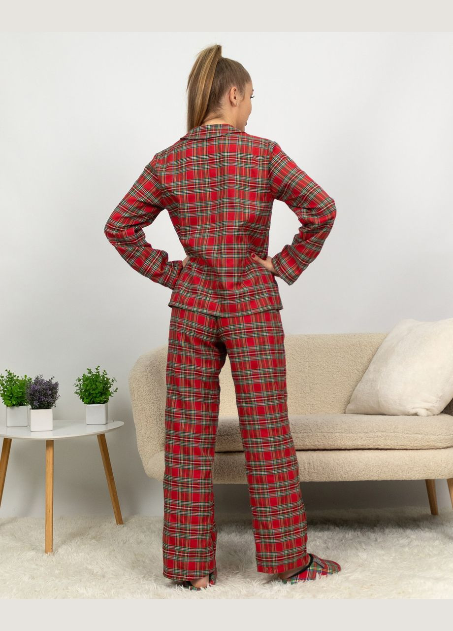 Червона всесезон піжама жіноча домашня фланелева сорочка зі штанами червона з зеленим клітинка Maybel