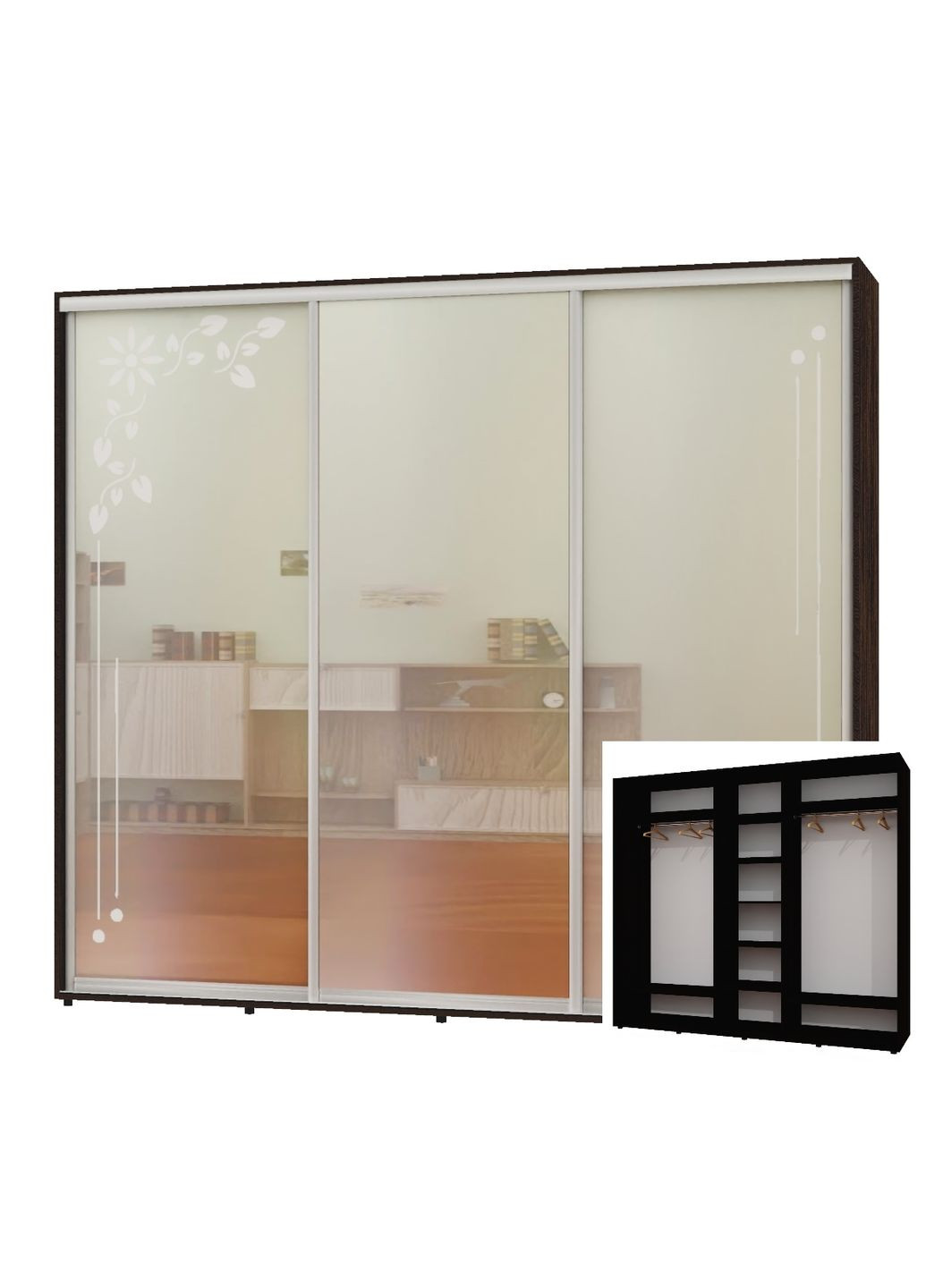 Шкаф-купе трехдверный 260*60*220 Венге магия 2 Зеркала с пескоструйным рисунком/Зеркало ШК-04 Алекса (360478397)