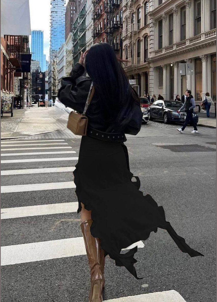 Черная повседневная однотонная женская юбка с воланами Avanti